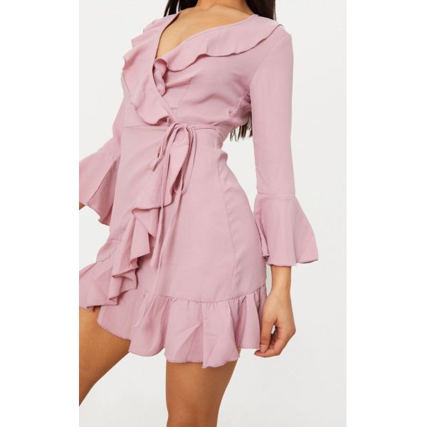 2018 Summer Fashion Women Dusty Pink Frill Tea Dress With Horn Sleeve