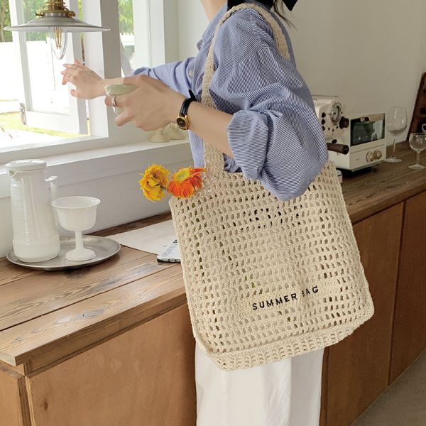 Custom Embroidery Logo Cotton Crochet Summer Lady Beach Bag for Daily Life Adventures