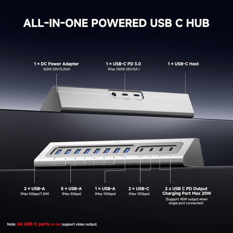 13-in-1 USB C Hub with 10Gbps Ultra-Fast Data Transfer and 65W Dedicated DC Power