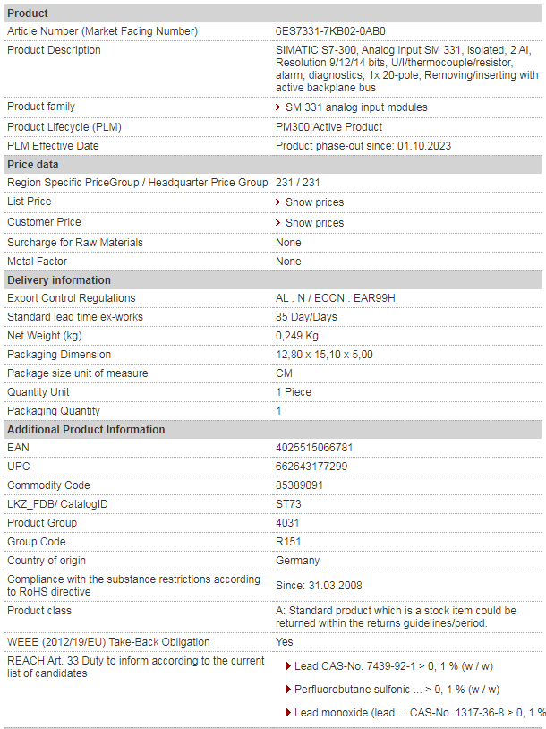 Ввод аналога SM 331 6ES7331-7KB02-OABO SIMATIC S7-300