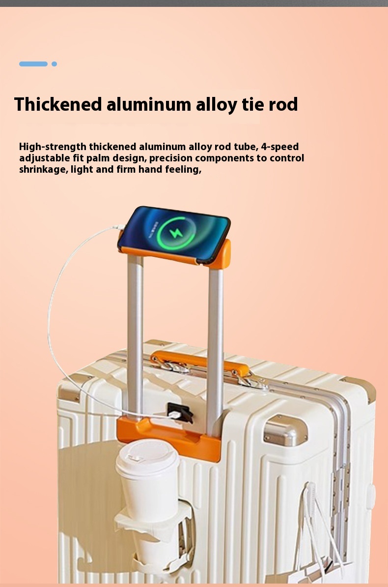 New Design Durable Aluminum Frame Travel Suitcase Multi-Function Large Cup Holder Boarding Pass TSA with Silencer Wheel