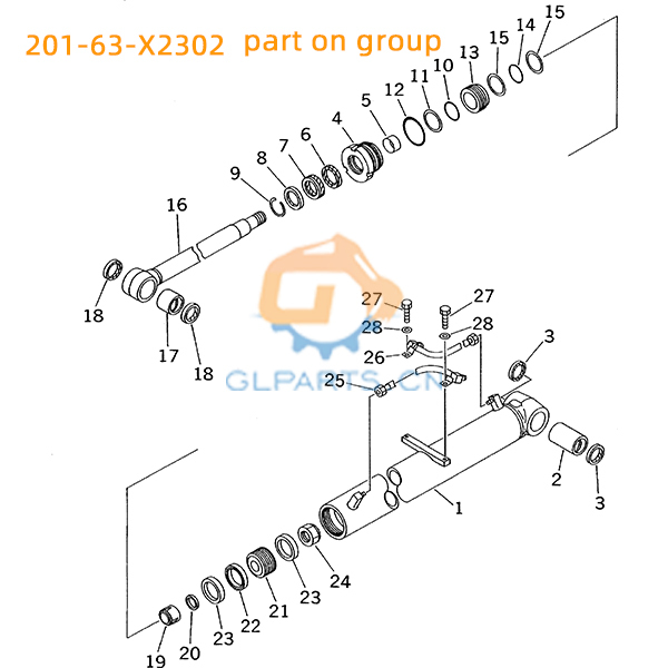 PC60-7 Cylindre hydraulique à flèche 201-63-X2502 201-63-X2302 Pour pièces détachées Komatsu