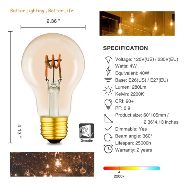 Шарик Dimmable 4w 6w нити электрических лампочек E27 СИД A19 A60 декоративный на открытом воздухе спиральный