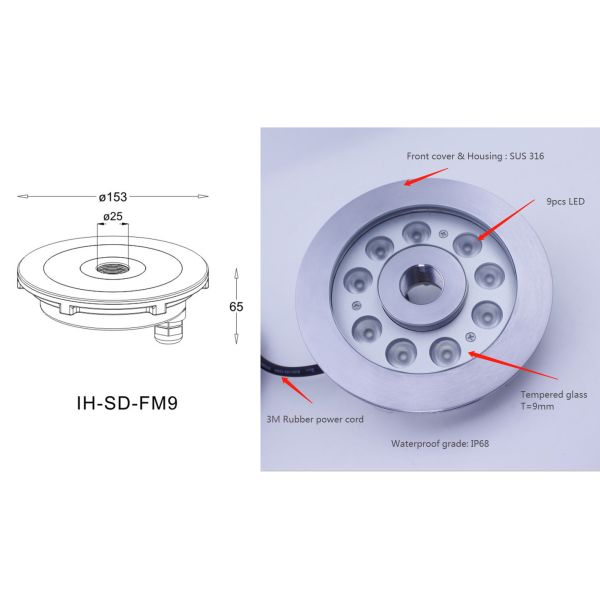 RGB Waterproof LED Fountain Ring Light Stainless Steel 12V Submersible Lights