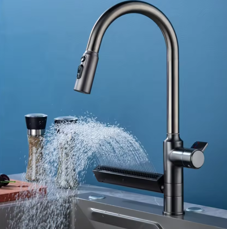 Pull Out Spray Type Kitchen Sink Waterfall Faucet Mixer 360 Degree Rotation Extender