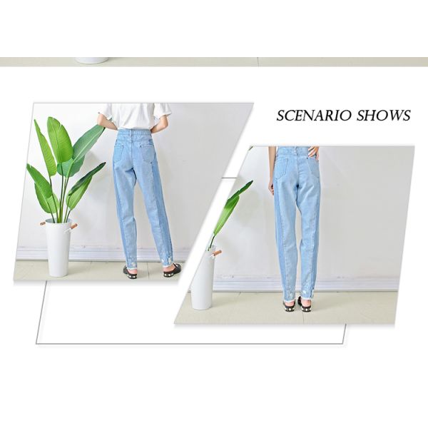 Women Light Blue Long Wide Leg Denim Pants , Casual Loose Fit Denim Jeans