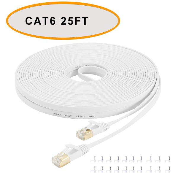 Cat 6 Ethernet Flat Patch Cable 50 Ft White Color Unshielded Twisted Pair