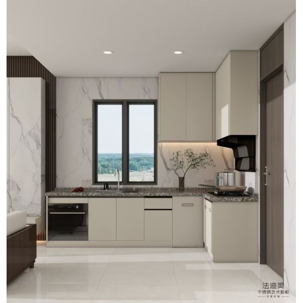 Fadior Modern Beige Stainless Steel L Shaped Kitchen Cabinet With Integrated Appliances