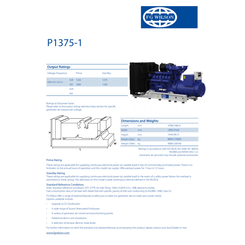 FG Wilson Diesel Generator 1000kw 1250kva Three Phase Silent Standby Generator
