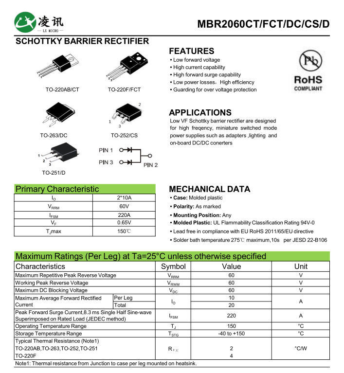 20A600V High Frequency Switch Schottky Barrier Diodes For Power Supplies MBR2060FCT