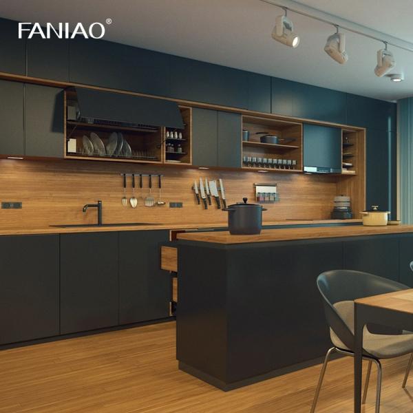 Design minimalista Finitura de melamina de madeira verde Gabinete de cozinha moderno aberto