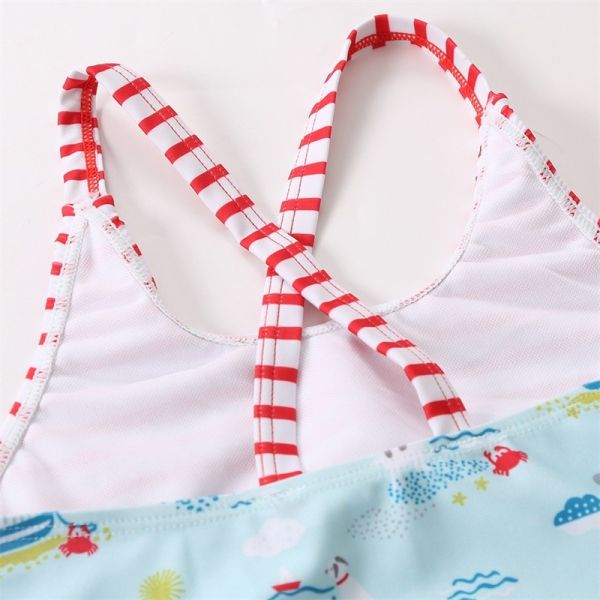 Girl's strip print Criss Cross Seam Top for one piece swimwear