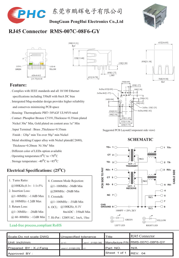 Соединение RMS-007C-08F6-GY локальных сетей гнезда RJ45 модульного Jack входа PHC