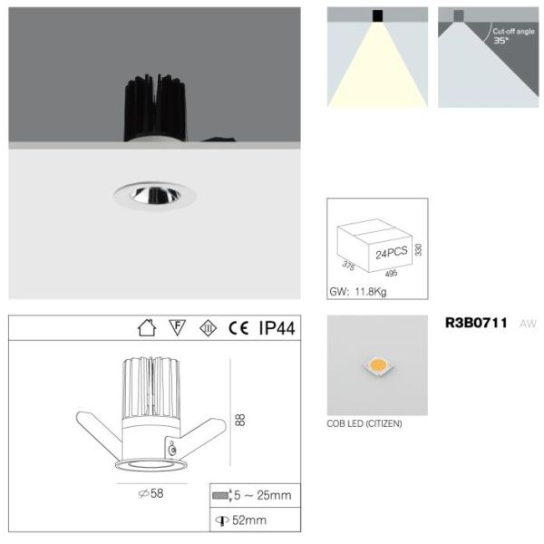 Small size 58mm light fixture IP44 Citizen Cob Led Downlight 50HZ 3000K