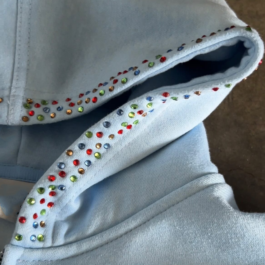 Custom Women Men Unisex 100% Cotton Heavyweight 500 Gsm Silk Screen Printing Oversize Boxy Zip up Rhinestone Hoodie