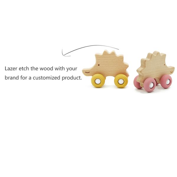 Beech Wood Hedgehog Car Personalised Baby Rattle Food Grade Silicone
