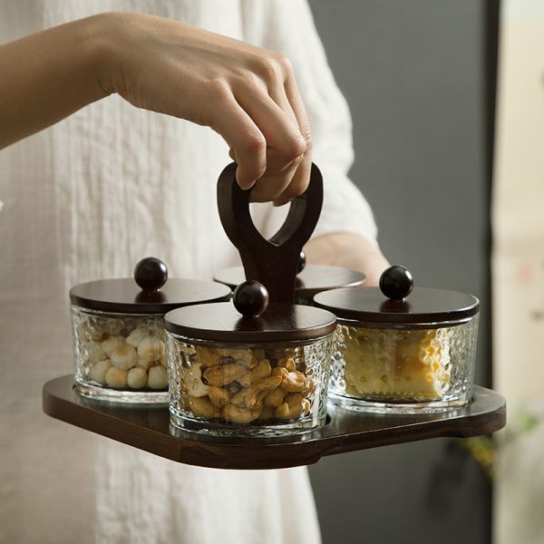 Container Set 4 Jars Glass Snack Container with Wooden Plate and Lid US
