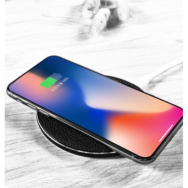 Fashionable Round PU Leather Desktop Wireless Phone Charger 5V 2A 9V 1.67A Input