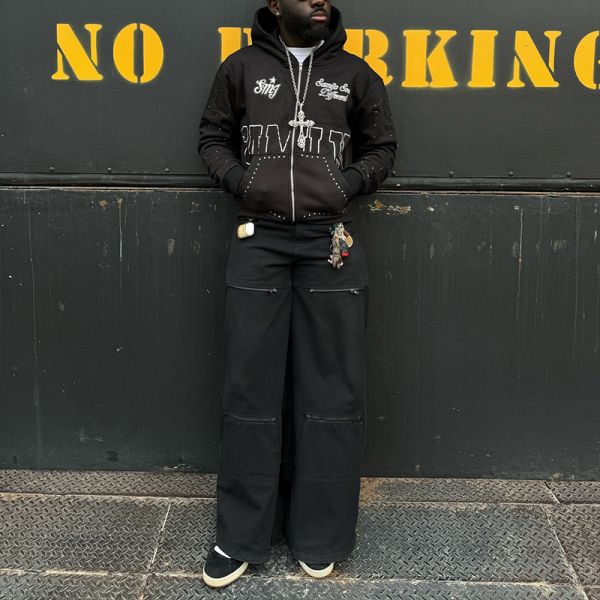 Windproof Zip Up Rhinestone Hoodie Rips Screen Print Logo Streetwear Fleece Hoodies