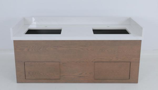 Commercial Hotel Oak Veneer Stained Bathroom Vanity With Wood Console