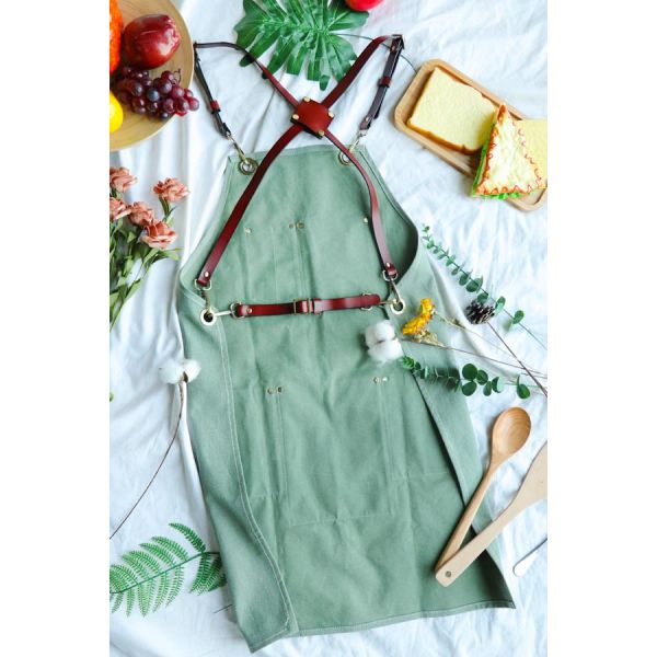 PU Leather Strap Belt Kitchen Cooking Apron , Cotton Canvas Kitchen Apron