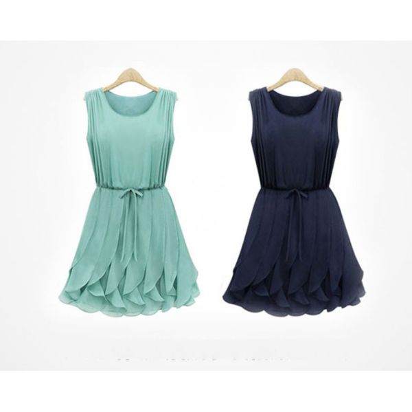Green Belt Short Flared Dresses , Summer Round Chiffon Skirts