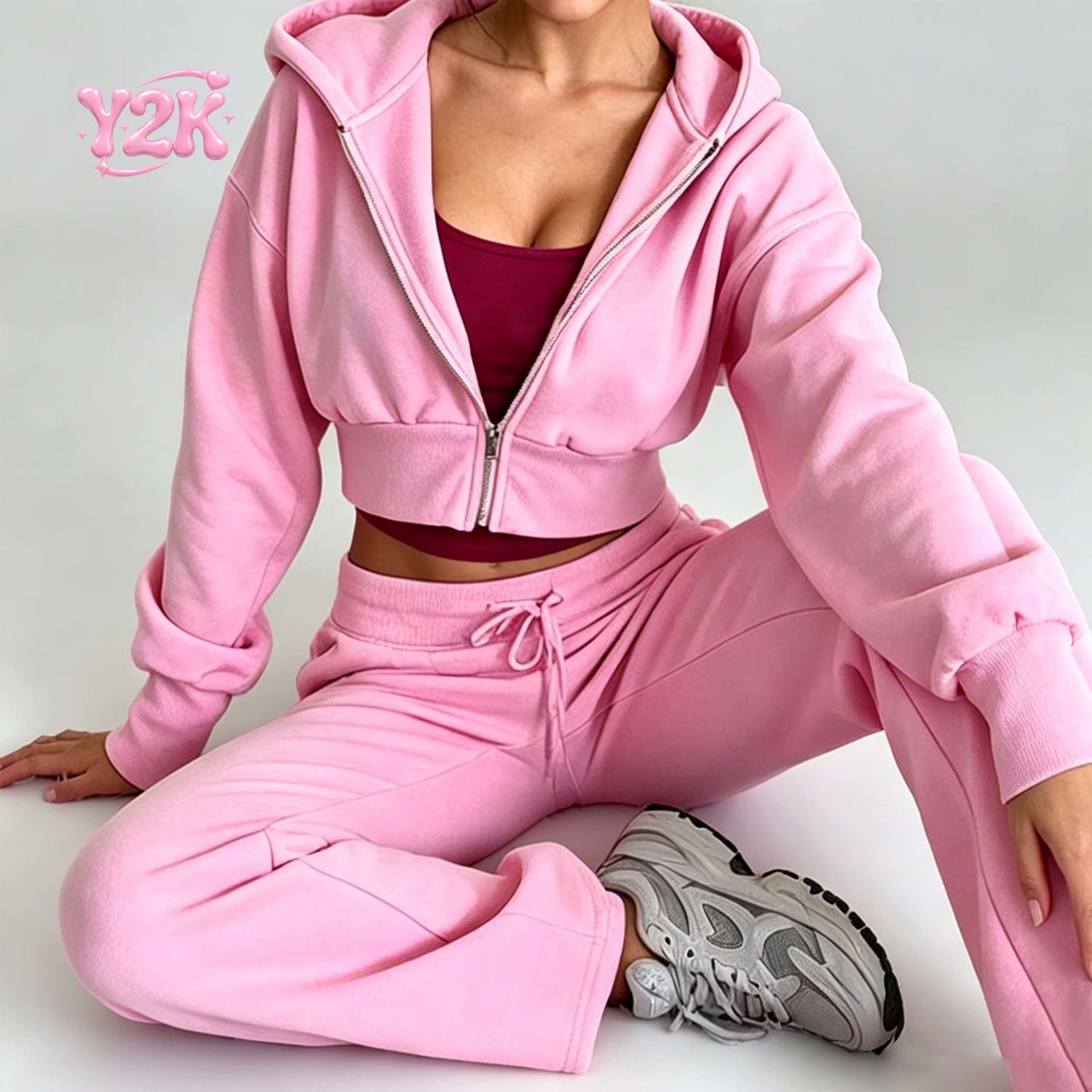 Custom Pink Cropped Zip Up Hoodie & Wide Leg Sweatpants Set