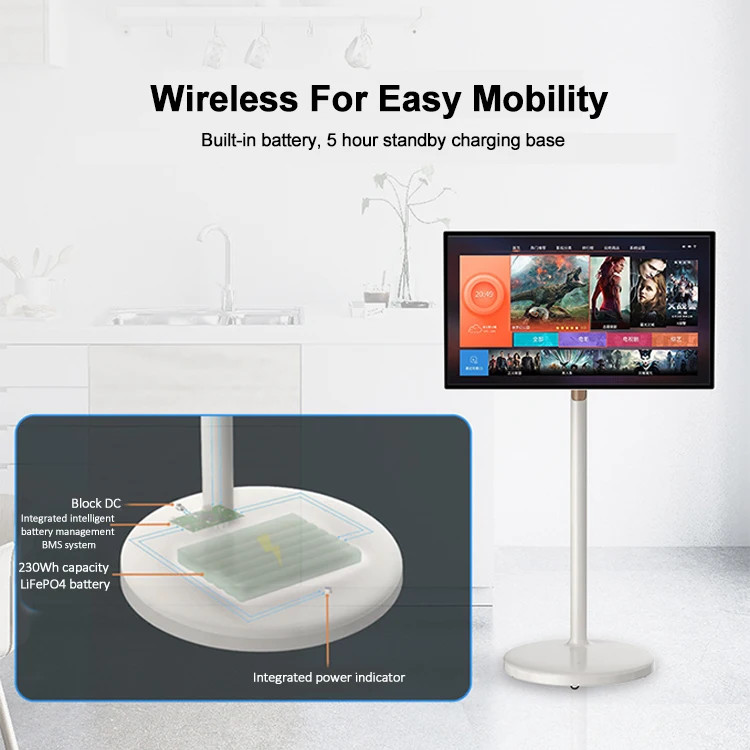 21.5 дюймовый белый умный передвижной телевизор Android 12 портативный HDTV USB сенсорный экран мобильный телевизор