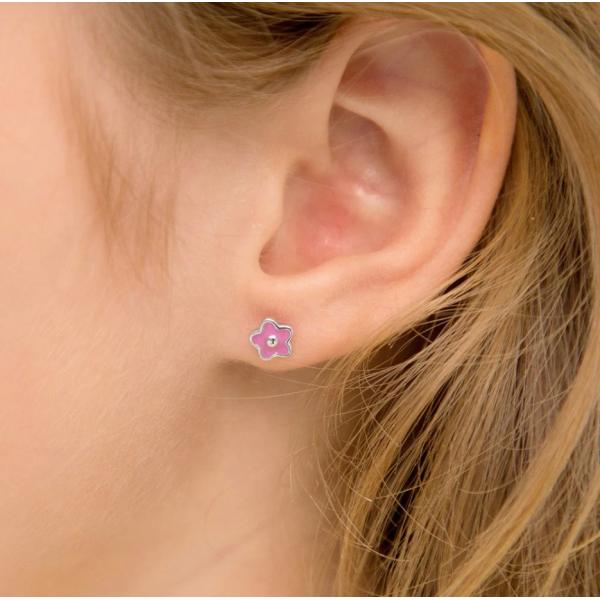 925 Sterling Silver 6mm Pink Enamel Flower Stud Earrings with Customized Logo and Third Party Appraisal for Children