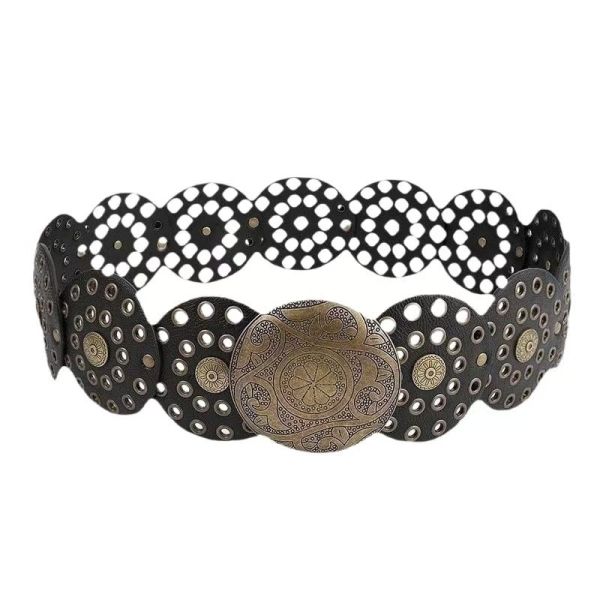 Vintage baddie, Y2K subculture, disc hook faux leather, retro rivet patchwork alloy belt, wide belt