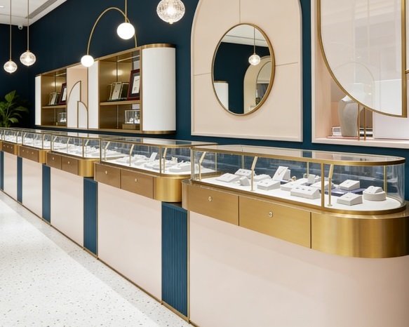 Straight Modular Jewelry Display Counter | Pink Navy Blue Gold Metal Edging | Arc Middle Island Counter Built-in Retail Store