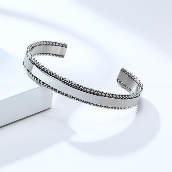 Geometric Stainless Steel Open Cuff Bangle Adjustable Twisted For Men