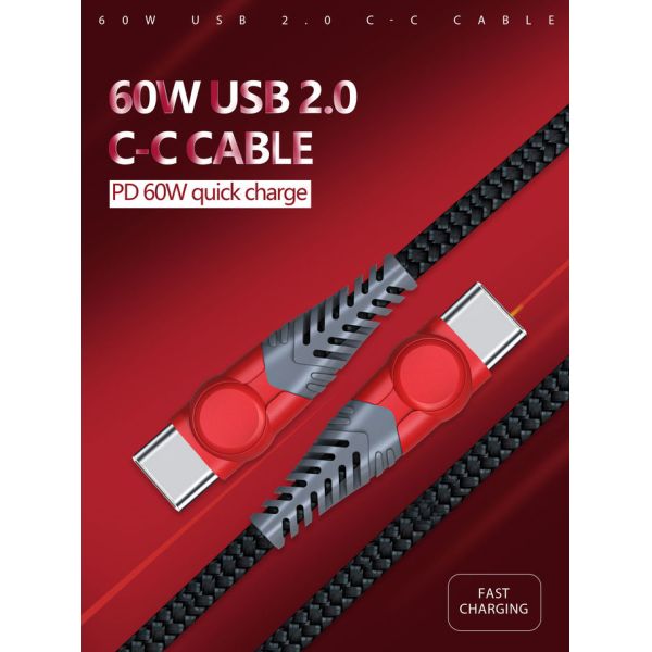 Cotton Braided Usb C Cable , PD 60W 6 Feet 3A Usb 2.0 Type C Cable