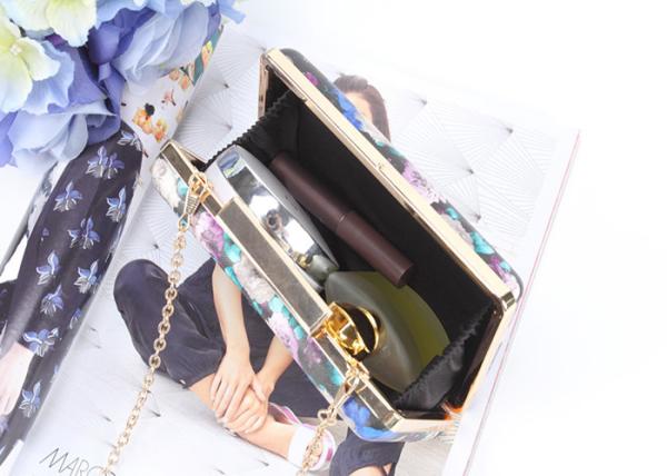 Flowers painting printed surface pu metal frame rectangle shaped pu clutch bag for women