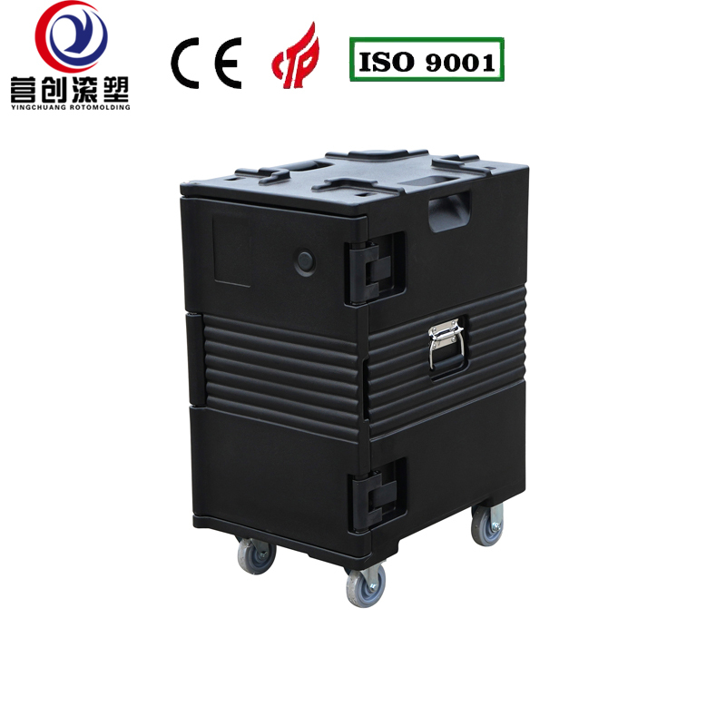 YINGCHUANG ROTOMOLDING OEM 120L Black Rotomolded Insulated Box With Large Casters, Thick PU Foam Hot & Cold GN Pan Food Transport Cabinet For Central Kitchen Catering Canteen