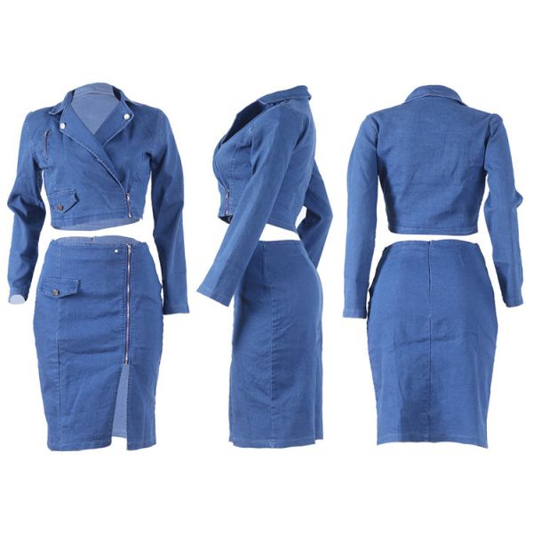 Fashion style plus size sexy denim lattice skirt with upper set two pieces set lattice casual skirt