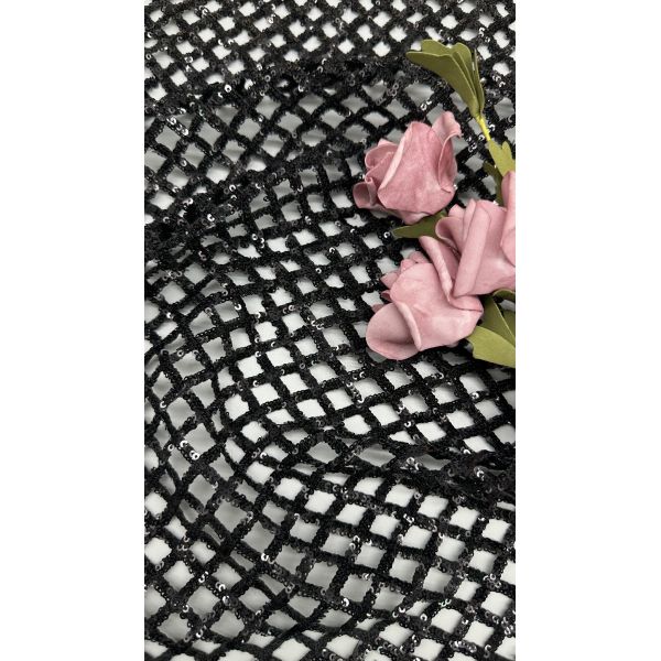 100% Polyester All Sequin Black Sequin Embrroidered Fabric Plaid For AW Season For Gowns