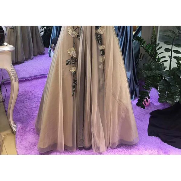 Sleeveless Backless Ball Gown , Champagne Tulle Prom Dress Embroidery Flowers