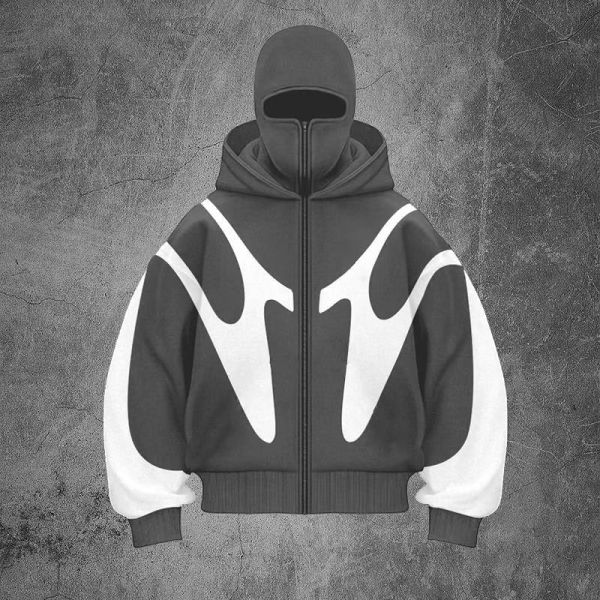 Heavy Cotton Mens Patchwork Hoodie Double Layered Masked Full Balaclava Zip Hoodies