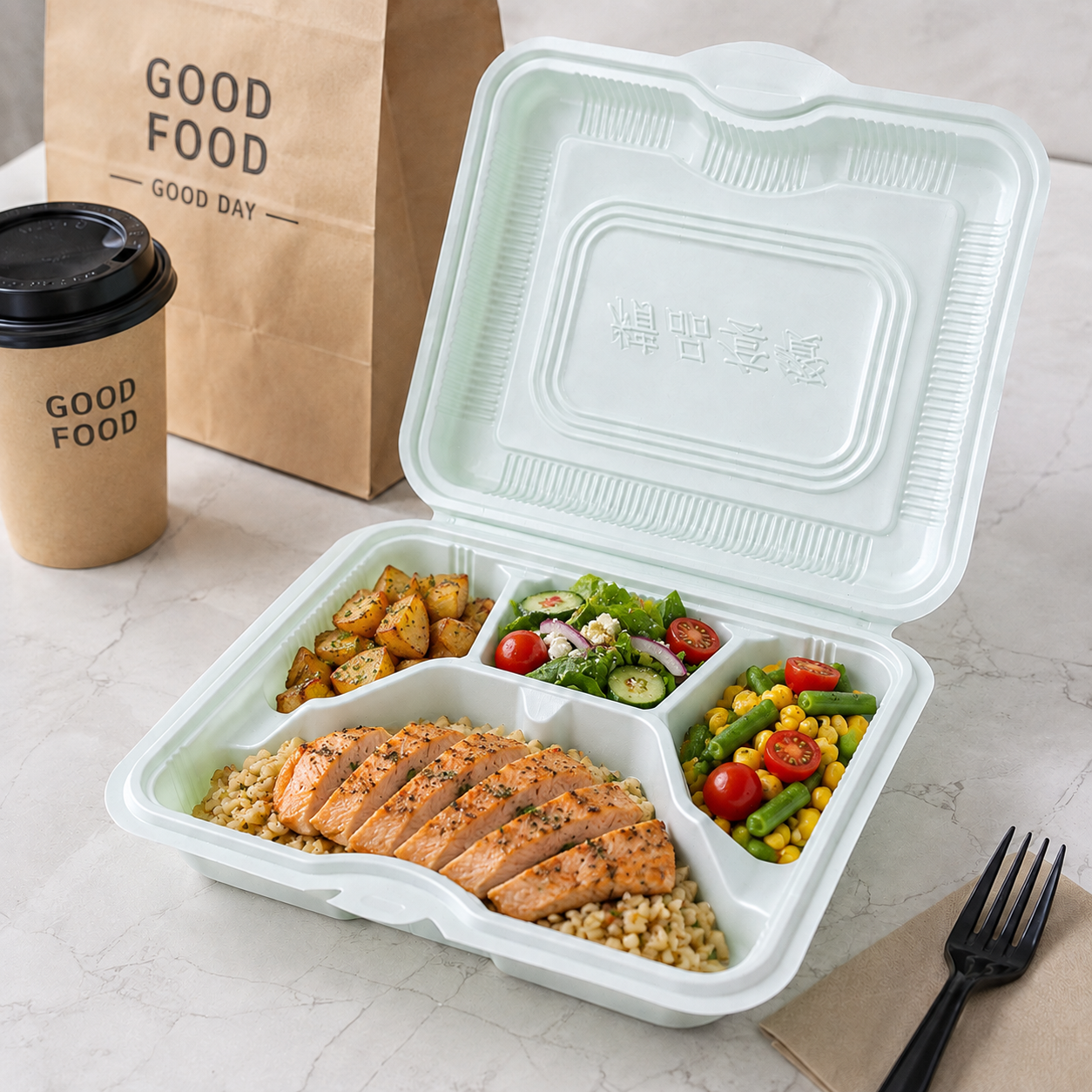 Four Compartment PP Clamshell Takeout Containers Green White for Complete Meal Sets