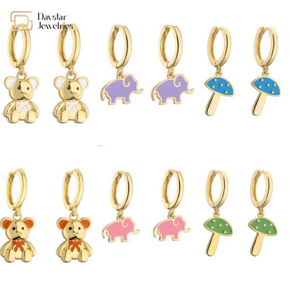 Cute Colorful Enamel Elephant Bear Mushroom Pendant Charm Hoop Earrings 18k