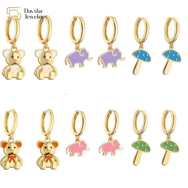 Cute Colorful Enamel Elephant Bear Mushroom Pendant Charm Hoop Earrings 18k