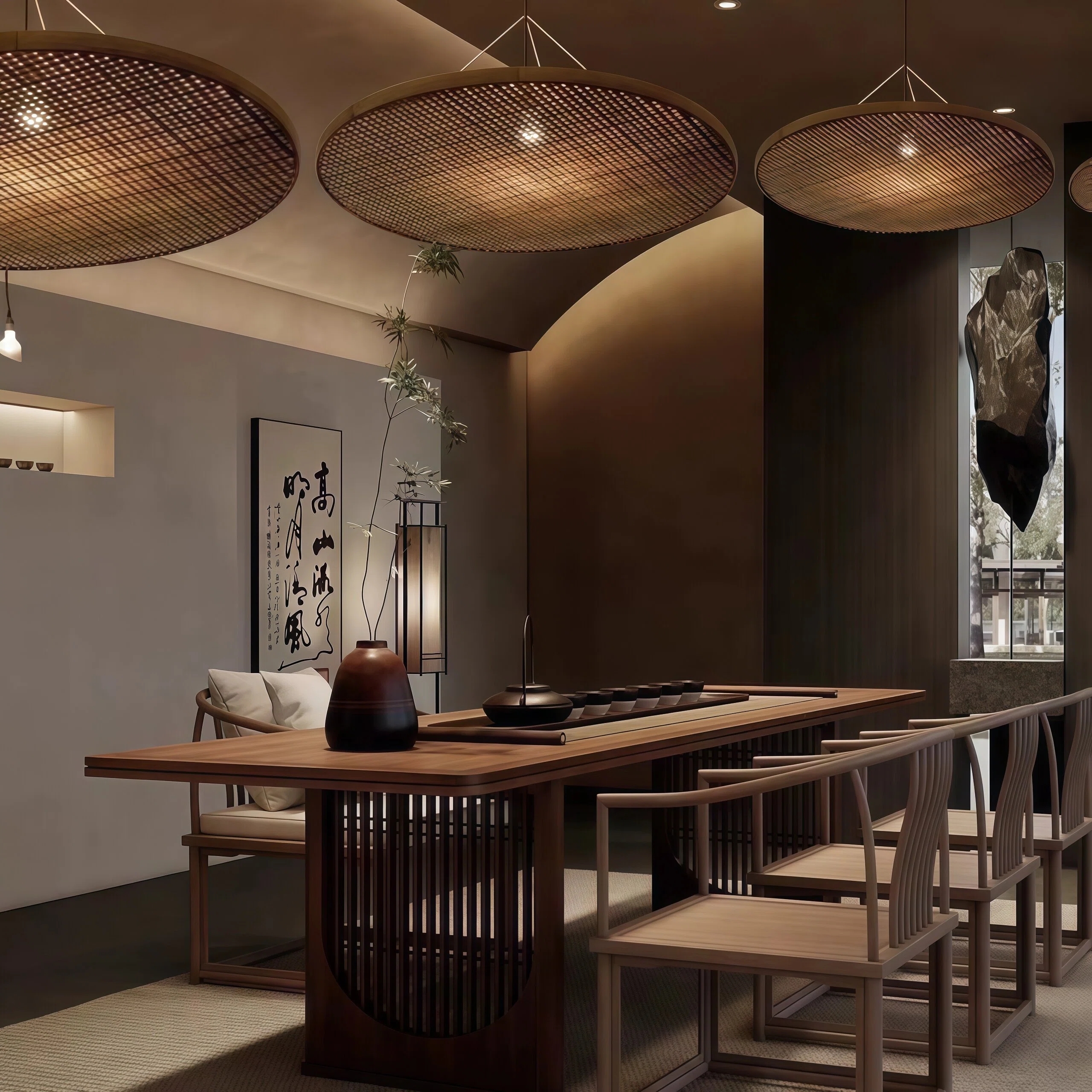 JYLIGHTING Handwoven Natural Bamboo Round Pendant Light, Rustic Textured Suspension Lamp for Residential Dining Space and Hospitality Interior Decoration