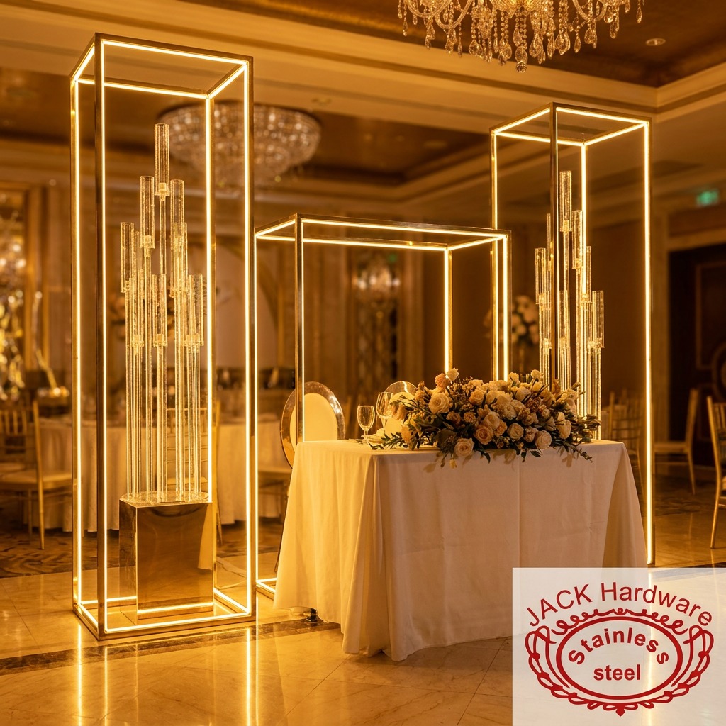 WENDING Gold LED Crystal Column Pillar Backdrop Set – 3-Piece Luxury Wedding Stage