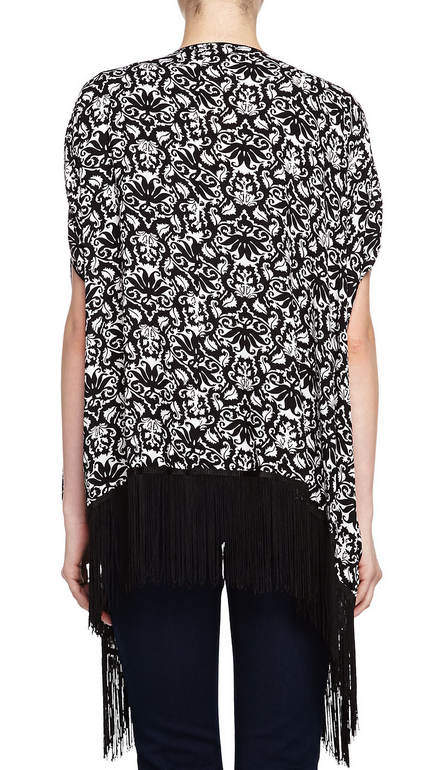 Print Kimono with Fringe Hem, BlackIvory