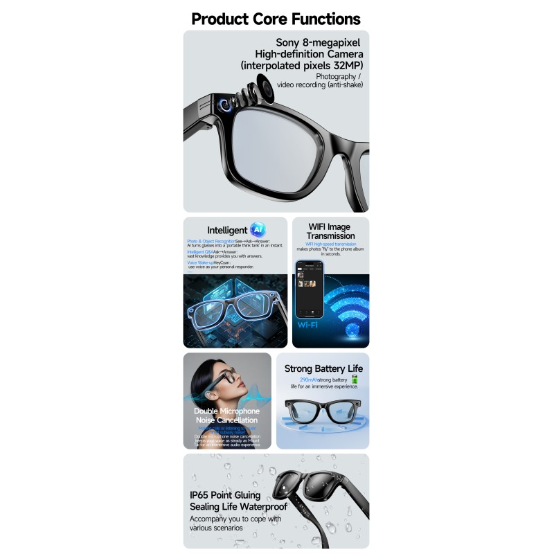 W610 IP54 Waterproof AI Translation Smart Glasses Voice App Control Music Player Blue-Light Photochromic Lenses Sun Protection