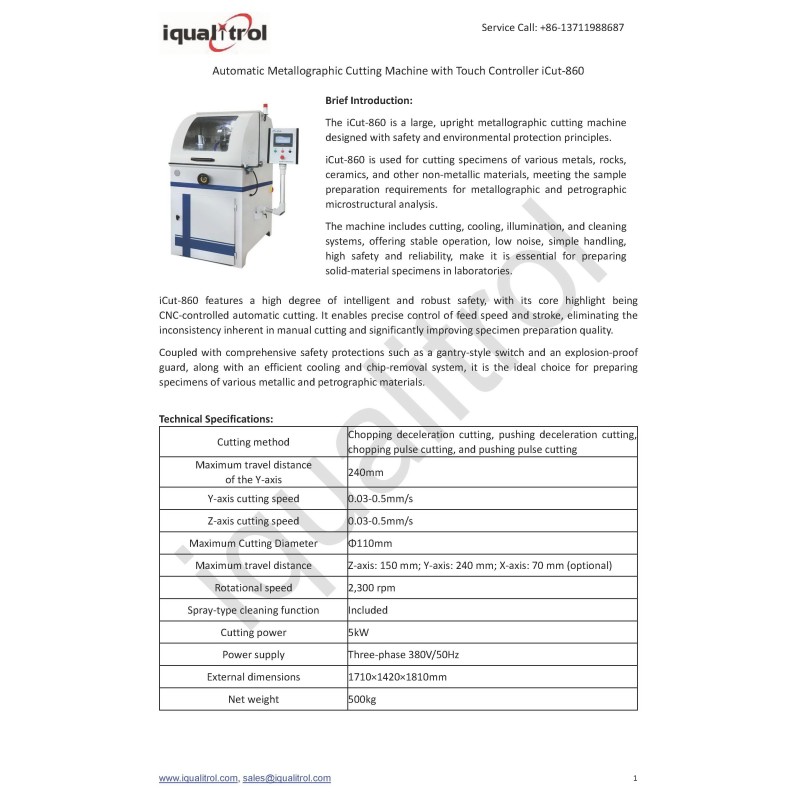 Cut Diameter 110mm Metallographic Cutting Machine iCut-860 5KW With LCD Controller