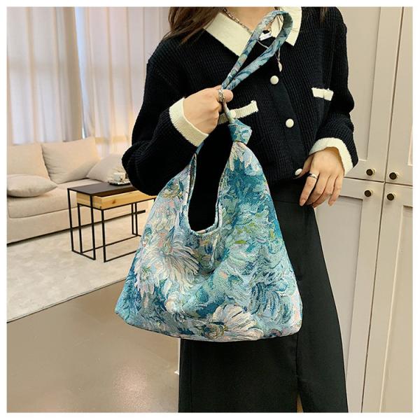 LARGE CAPACITY WOMEN'S BAG FRENCH SIMPLE CANVAS BAG OIL PAINTING NATIONAL STYLE SHOULDER BAG TOTE BUCKET BAG