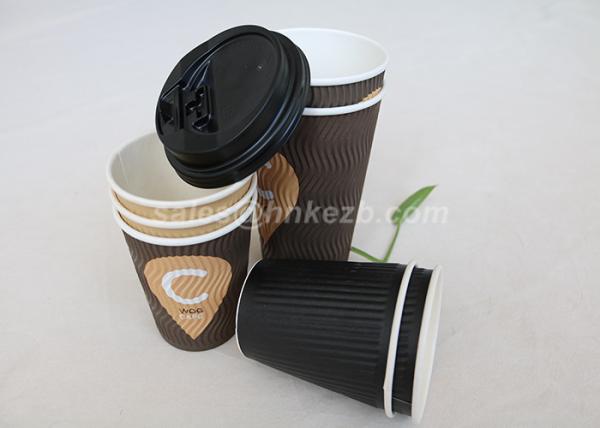 Disposable Insulated Ripple Hot Coffee Paper Cups With Lids Black Color 12 Oz