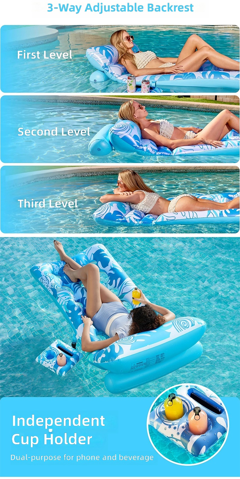 Cross-border PVC Inflatable Raft Cup Holder Backrest Hollow-Design Floating Bed Tropical Leaf Patterned Beach Water Mattress